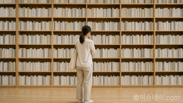 수많은 비슷한 책들로 가득 찬 서가 앞에 한 사람이 서 있는 모습.