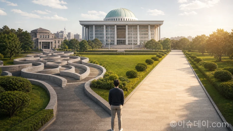 여러 갈래의 선택지 앞에서 '입법'이라는 길에 빛이 비치고 있는 모습.