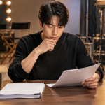 방송 세트장에서 영화 대본과 출연 계약서를 검토하는 장면