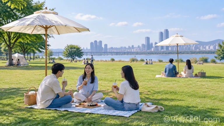 잔디밭에 설치된 파라솔과 돗자리에서 휴식을 취하는 축제 방문객들