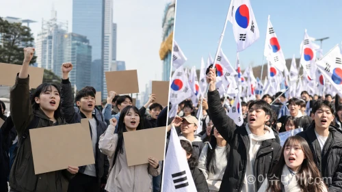도시의 좌파 시위대와 국기를 든 우파 집회에 참여한 청년들을 나란히 보여주며 정치적 양극화를 상징하는 이미지