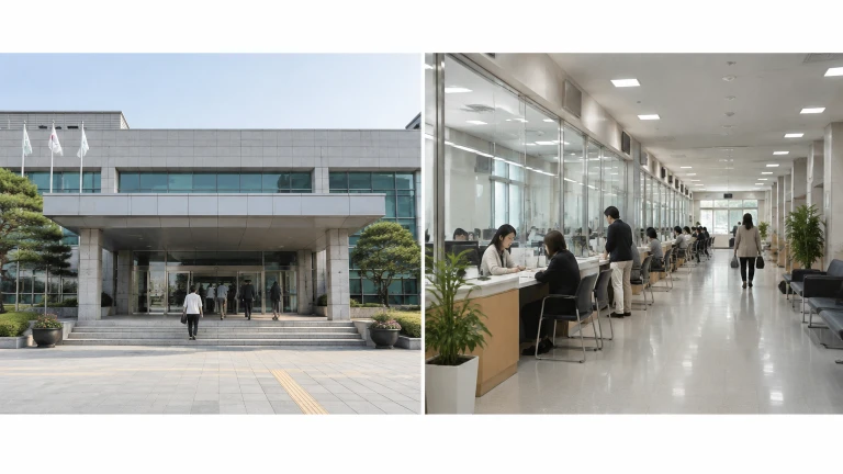 행정 사무실과 복도가 보이는 관공서 청사 내부