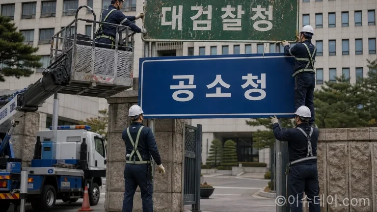 서울 서초동 옛 대검찰청 청사 앞에서 '공소청' 도로표지판을 교체하는 모습