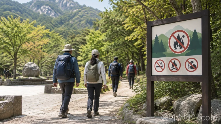 산불 예방 안내문이 설치된 관악산 산림 산책로를 지나는 등산객들