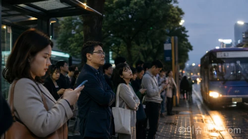버스 정류장에서 버스를 기다리는 시민들