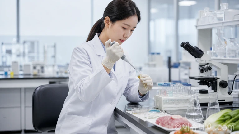 검사실에서 연구원이 피펫을 들고 급식 검체 시료를 분석하는 모습