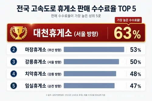 전국 고속도로 휴게소 중 판매 수수료율이 가장 높은 상위 5곳을 보여주는 인포그래픽