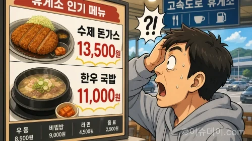 고속도로 휴게소 수수료 논란인 가운데 음식 메뉴판의 비싼 가격을 보고 놀라는 운전자 일러스트