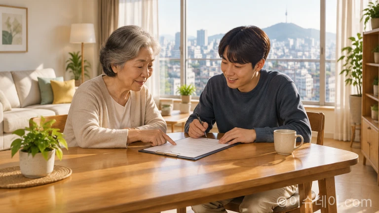 어르신 집주인과 청년 입주자가 테이블에 마주 앉아 생활 수칙을 조율하는 모습