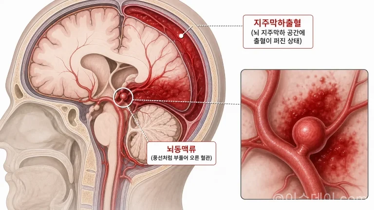 뇌동맥류와 지주막하출혈의 위치를 보여주는 뇌 단면도