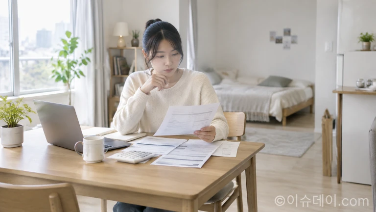 원룸 내부에서 세금 공제 서류와 주거비 고지서를 꼼꼼하게 확인하는 세입자의 모습
