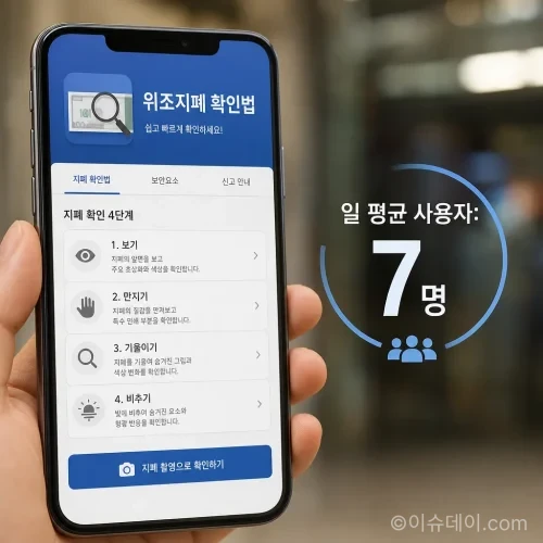 위조지폐 감별 앱의 저조한 이용률을 보여주는 콘셉트 이미지