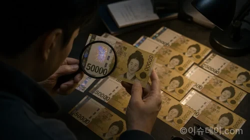 돋보기로 5만원권 위조지폐를 감별하는 모습