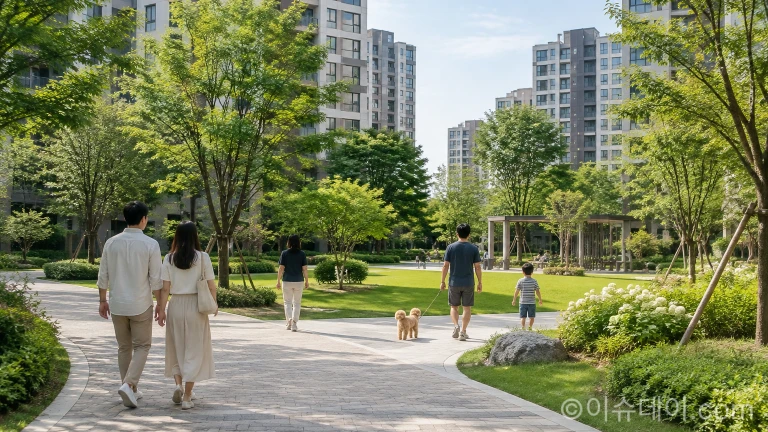 아파트 단지 내부의 조경 정원과 순환 보행로