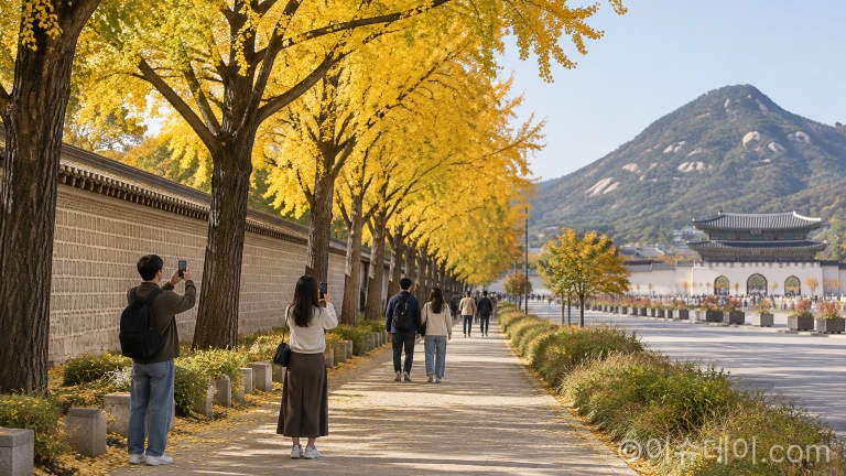 경복궁 돌담길을 따라 은행나무 가로수가 늘어선 효자로 전경