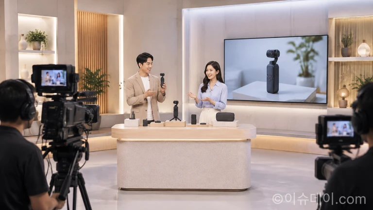 현대홈쇼핑 스튜디오에 전시된 오즈모 포켓 3 카메라와 방송 장비 전경