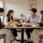 식당 테이블에 둘러앉아 대화를 나누며 식사하는 남녀 출연자들의 모습