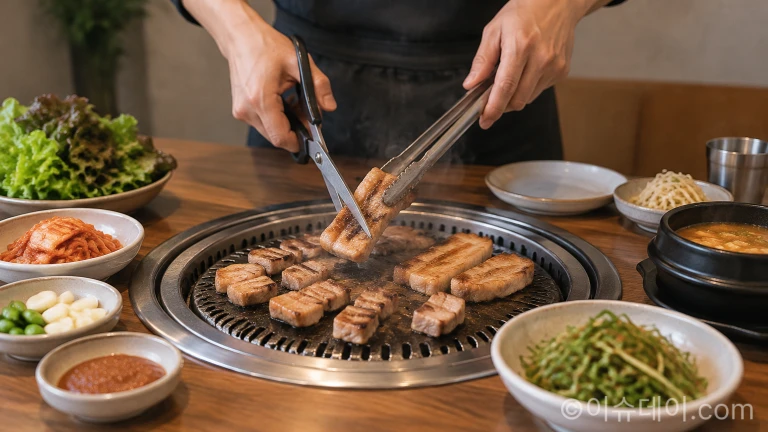 불판 위에서 고기를 정성스럽게 굽고 있는 남성의 손