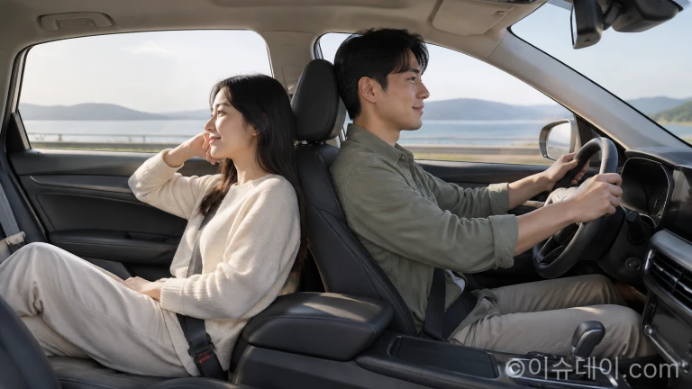 차량 조수석에서 휴식을 취하는 여성과 운전 중인 남성의 차 안 모습