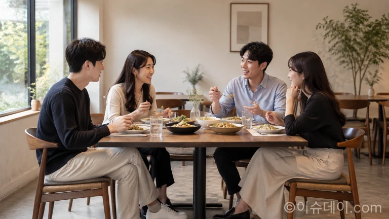 식당 테이블에 둘러앉아 대화를 나누며 식사하는 남녀 출연자들의 모습