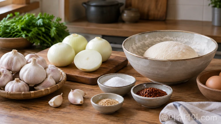 도마 위에 놓인 마늘과 양파 등 한식 조리에 흔히 쓰이는 양념 채소