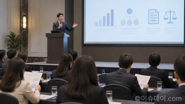 회계 세미나 현장에서 발표자가 단상에 서서 기준서 개정 방향을 설명하는 장면