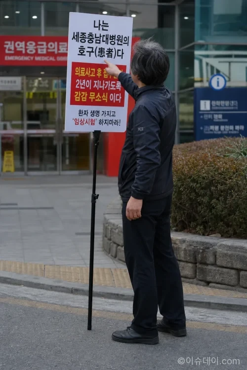 인천 홈플러스 흉기난동 사건 용의자가 범행 전 병원 앞에서 1인 시위를 하는 모습