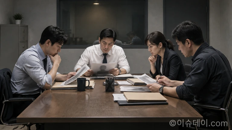 조사실 탁자 위에서 수사관들이 평가 기록 문서를 검토하는 모습