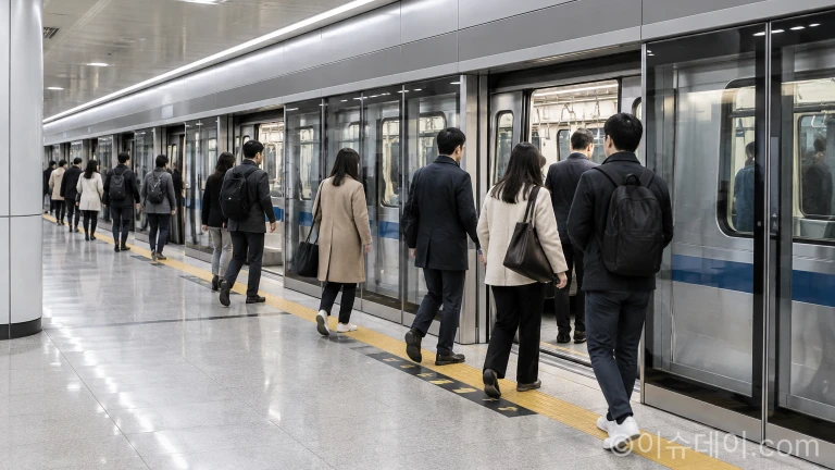승강장에 정차한 지하철 전동차와 열차 탑승을 준비하는 시민들
