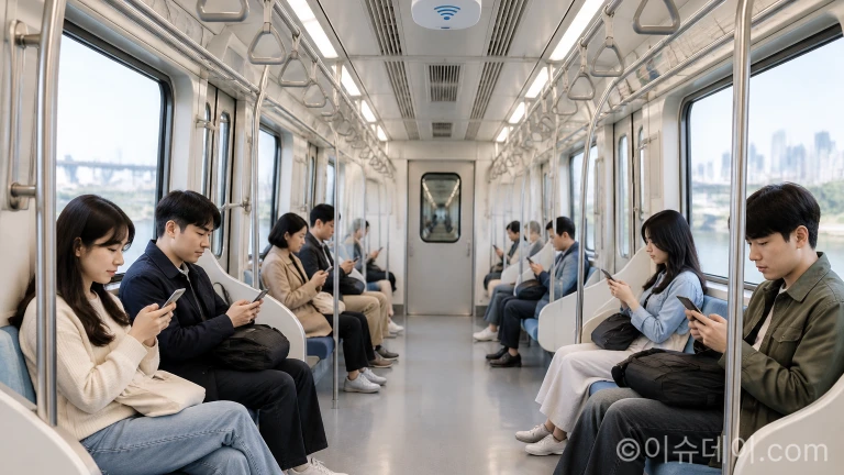 지하철 객차 내부에서 스마트폰을 확인하는 승객들과 천장에 설치된 무선 통신 설비