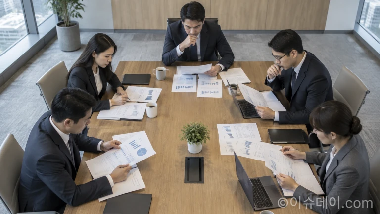 금융 규제 및 리스크 관리 관련 문서를 검토하며 회의를 진행하는 모습