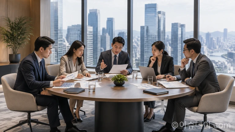 금융 세미나실에서 경제 분석가들이 내년도 산업 전망 자료를 검토하는 장면