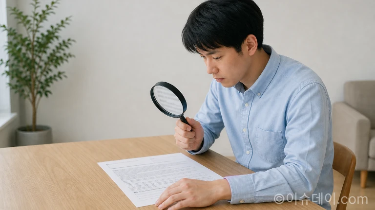 돋보기로 인터넷 가입 신청서의 약관을 살펴보는 모습.