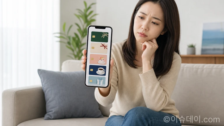 스마트폰으로 인터넷 사은품 모바일 상품권을 확인하는 사람.