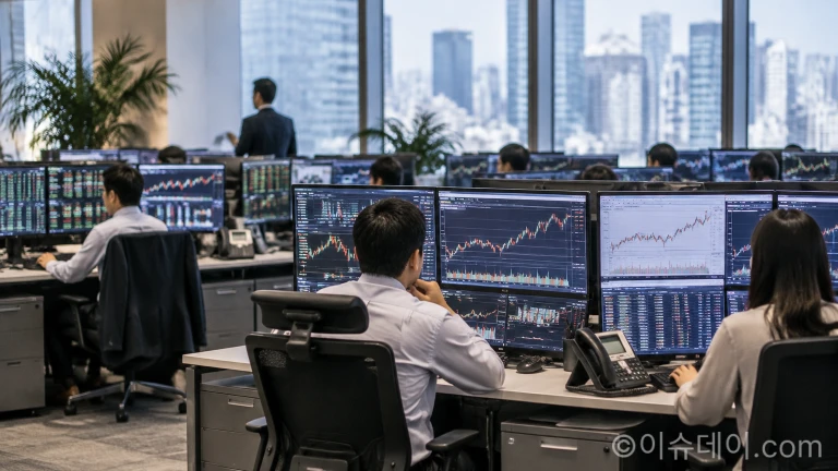 증권 거래 모니터에 표시된 주식 시장 데이터와 기업 실적 차트