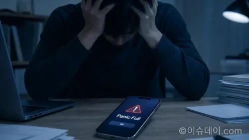아이폰18 프로 결함 논란을 상징하는 이미지로, '패닉 풀(Panic Full)' 오류 메시지가 표시된 화면 앞에서 좌절하는 사용자의 모습을 표현했다.
