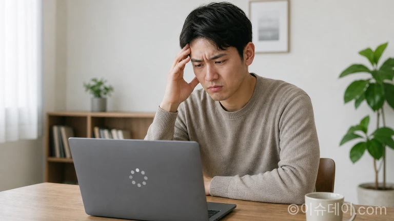 노트북으로 온라인 주문을 시도하며 불편을 겪는 사용자.