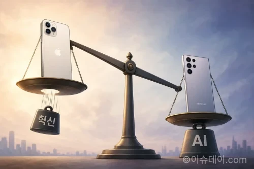 AI 기능과 혁신성 측면에서 달라진 아이폰과 갤럭시에 대한 소비자 인식을 표현한 일러스트