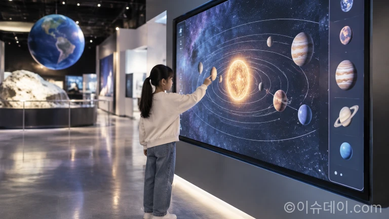 관람객이 벽면의 터치 인터랙티브 디지털 과학 콘텐츠를 직접 조작하는 모습