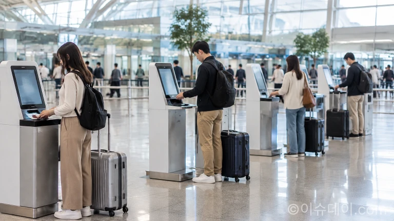공항 출국장 면세 수속 전용 단말기에서 여권을 스캔하는 출국 여행객