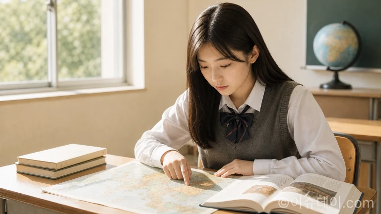 교실에서 역사 지도와 학습 교재를 살펴보며 수업에 집중하는 학생