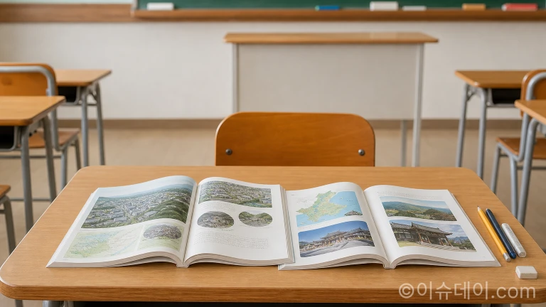 초등학교 교실 책상 위에 펼쳐져 있는 사회 교과서와 필기구