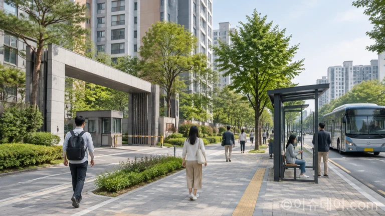아파트 단지 인근 보도와 대중교통 정류장 주변 풍경