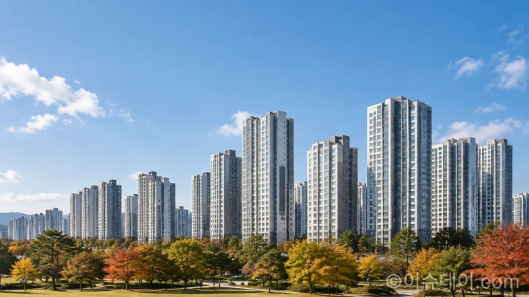 가을 하늘 아래 서 있는 고층 아파트 단지 전경