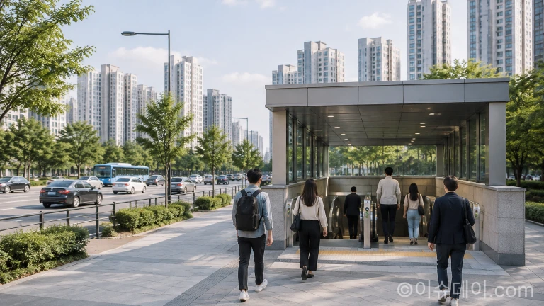 지하철 7호선 역 출입구 주변 도로와 이동하는 시민들의 모습
