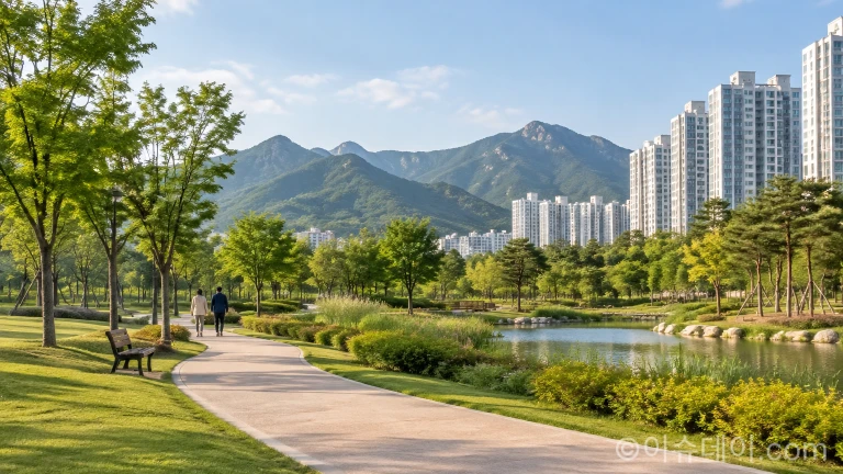 도심 아파트 단지 인근에 조성된 공원 산책로와 푸른 숲