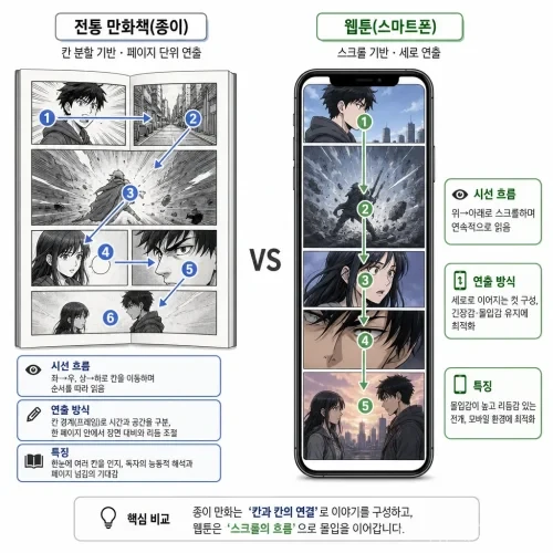 종이 만화의 페이지 연출과 웹툰의 스크롤 연출을 비교한 그래픽