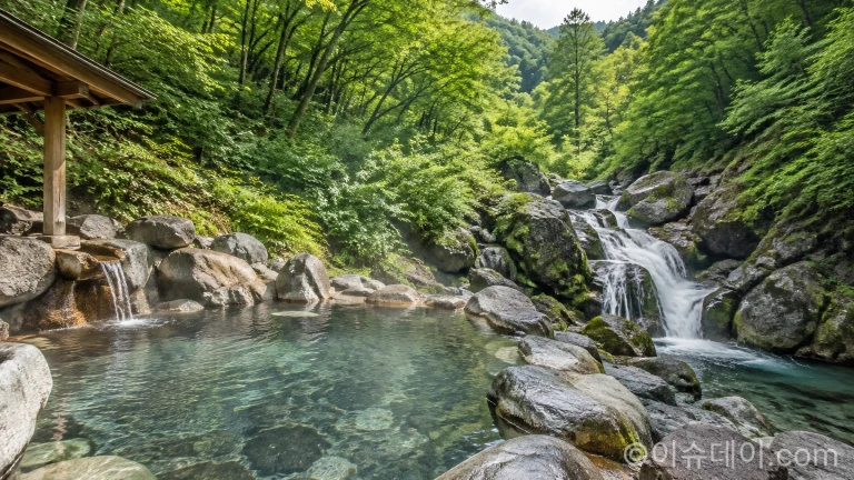 숲속 자연 바위 사이에 조성된 야외 온천 노천탕과 맑은 온천수