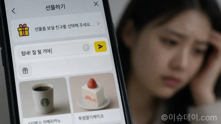 카카오톡 선물하기 기능을 악용한 온라인 스토킹을 보여주는 스마트폰 화면