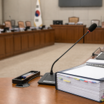 국정감사장 회의용 테이블 위에 놓인 서류와 명패 강원랜드